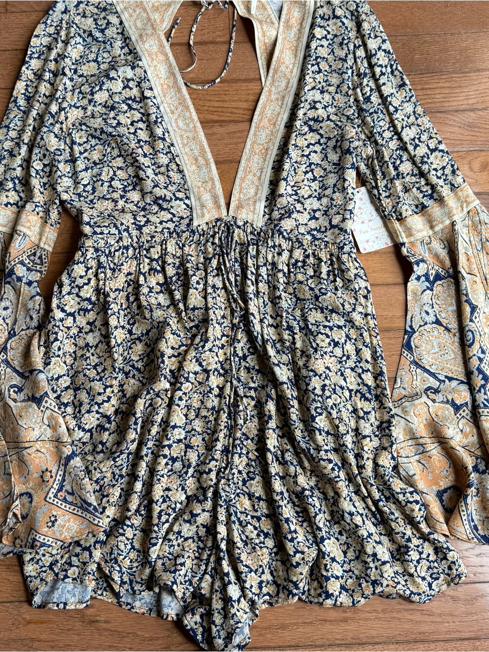 Free People Blue Combo Boho Bell Sleeve Romper NWT Size S $148